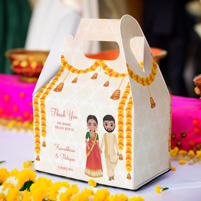 Marigold garlands bells with Tamil Telugu wedding  Favour Box (Tamil South Indian wedding favor gift boxes marigold garlands cute Tamil bridal couple cartoon box)
