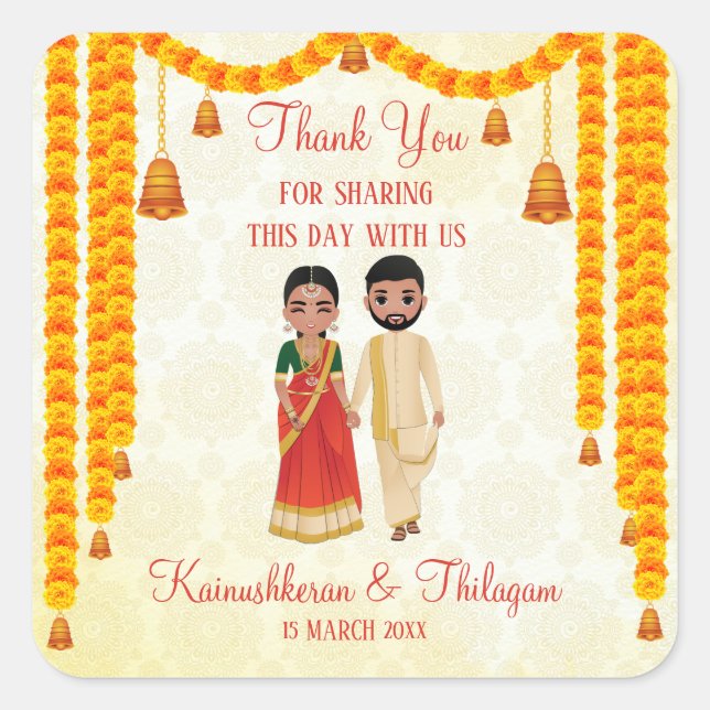 Marigold garlands bells with Tamil Telugu wedding  Square Sticker (Front)
