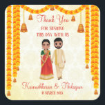 Marigold garlands bells with Tamil Telugu wedding  Square Sticker<br><div class="desc">Marigold garlands bells with Tamil Telugu wedding gift favours stickers.</div>