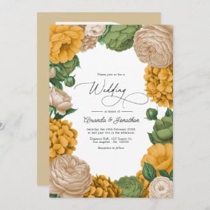 Marigold, Olive & Warm Cream Floral Wedding Invitation