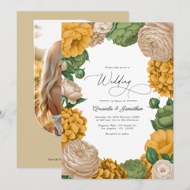 Marigold, Olive & Warm Cream Floral Wedding Invitation (Front/Back)