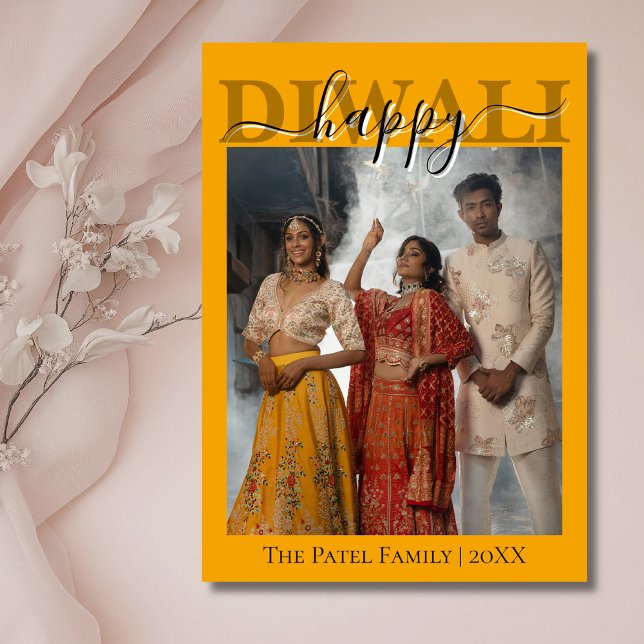 Marigold Orange Calligraphy Photo Happy Diwali  Holiday Card (Creator Uploaded)