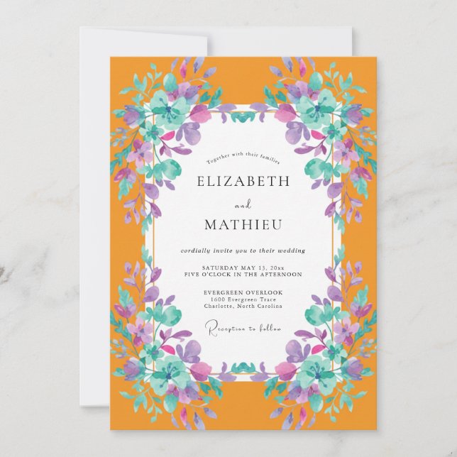 Marigold Purple Leafy Wedding Invitation (Front)