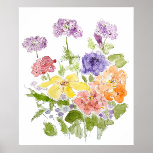 marigold verbena and petunia ink and watercolor  poster