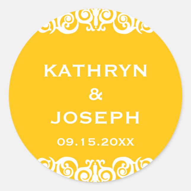 Marigold Victorian scroll wedding favour label (Front)