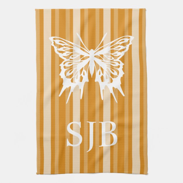 Marigold Victorian Stripe with Butterfly Monogram Tea Towel (Vertical)