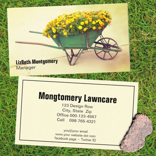 Marigold Vintage Wheelbarrow Gardening Lawn Care  Business Card (Creator Uploaded)