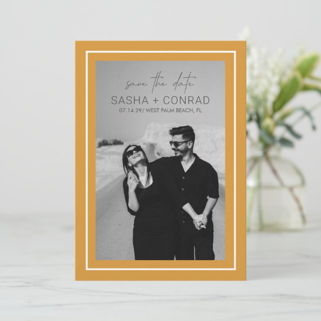 Marigold Yellow Bold Border Photo Modern Wedding Save The Date (Standing Front)