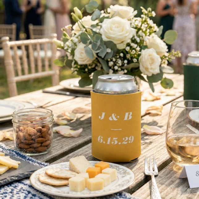 Marigold Yellow Bold Italic Monogram Wedding Favou Can Cooler (Creator Uploaded)