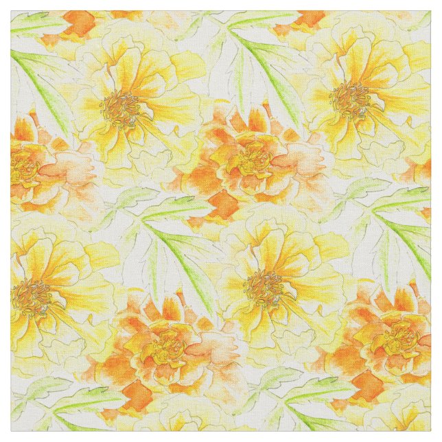 Marigold yellow green botanical watercolor fabric (Close Up)