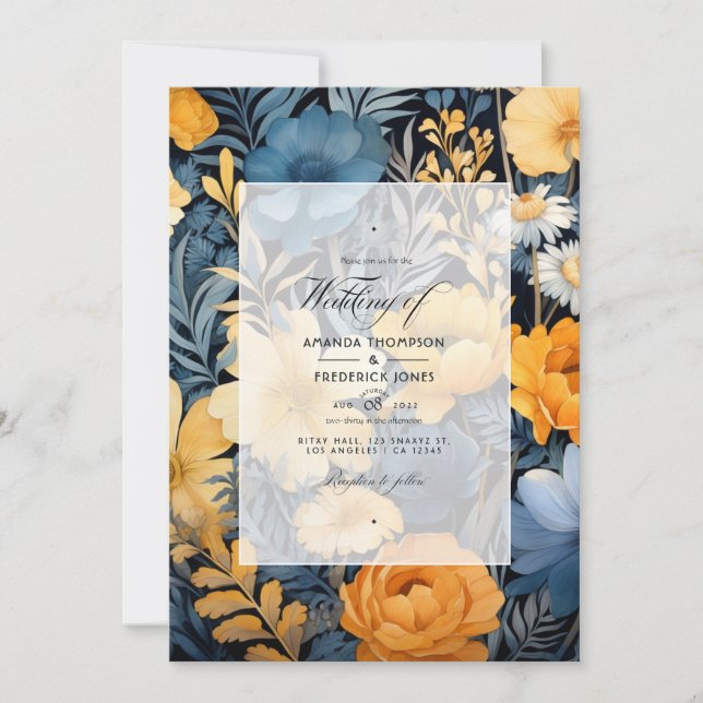 Marigold Yellow, Navy Blue and Slate Grey Wedding Invitation (Front)