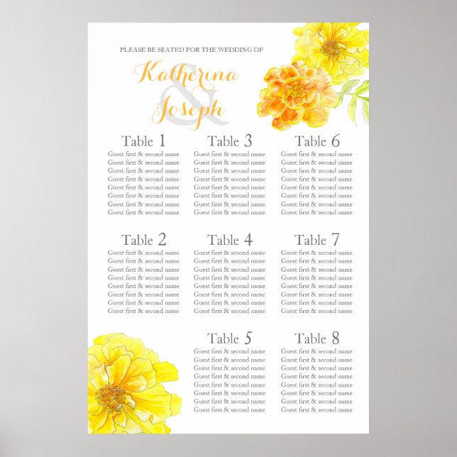 Marigold yellow Wedding Seating Table Planner 1-8 Poster (Front)