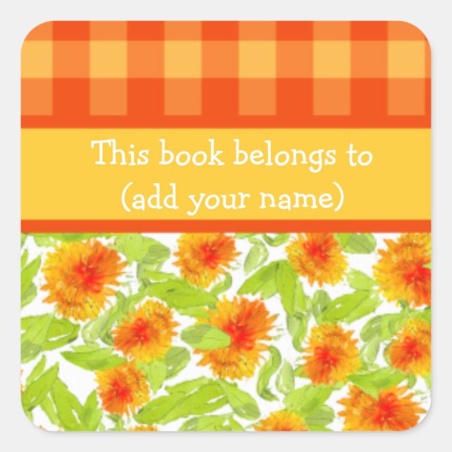 Marigolds and Check Gingham Sheet of 20 Bookplates Square Sticker (Front)