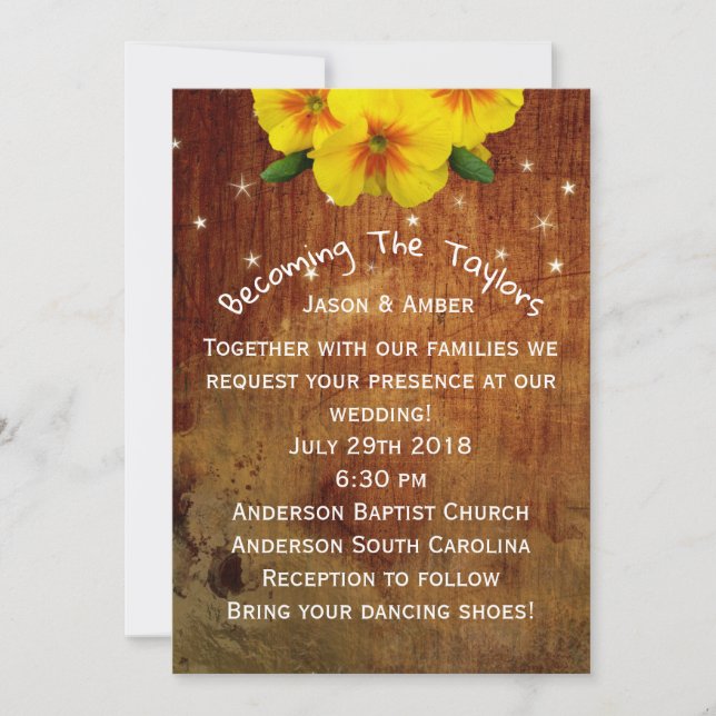 Marigolds on wood invitation (Front)