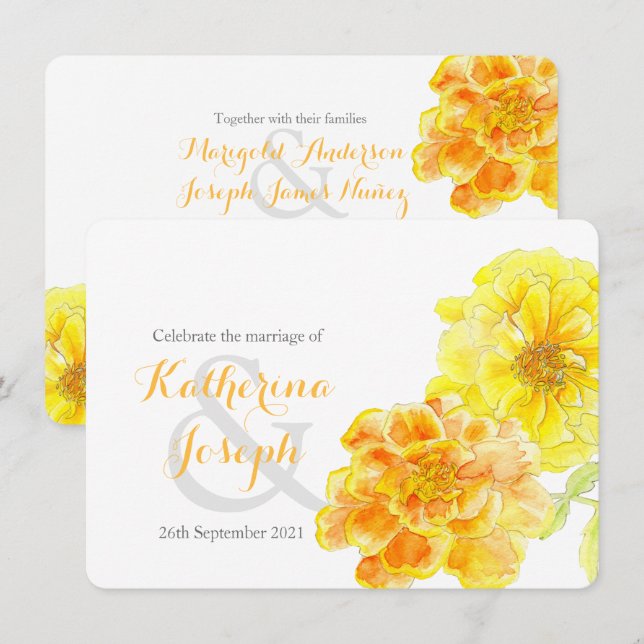 Marigolds watercolor yellow wedding invite (Front/Back)