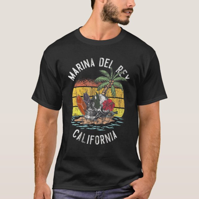Marina Del Rey Beach California Palms Skull Surf S T-Shirt (Front)