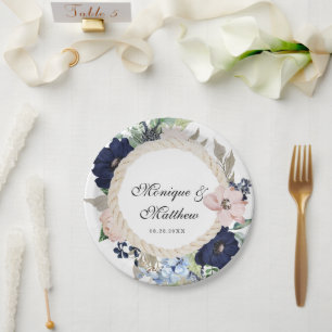 Marina Nautical Bloom Navy Blush Pink Wedding Paper Plate