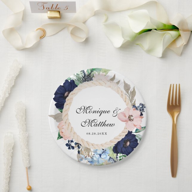 Marina Nautical Bloom Navy Blush Pink Wedding Paper Plate (Wedding)