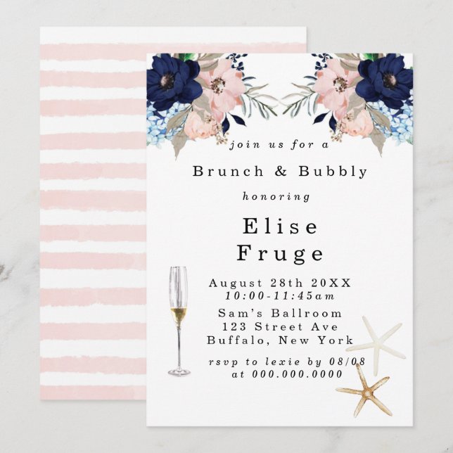 Marina Nautical Blooms Brunch & Bubbly Invitation (Front/Back)
