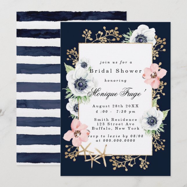 Marina Nautical Blooms Navy Blush Bridal Shower Invitation (Front/Back)