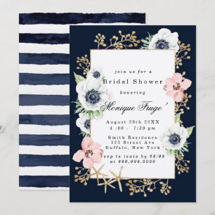 Marina Nautical Blooms Navy Blush Bridal Shower Invitation