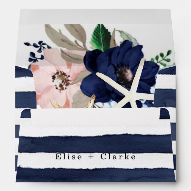 Marina Nautical Blooms Navy Blush Pink Wedding Envelope (Back (Bottom))