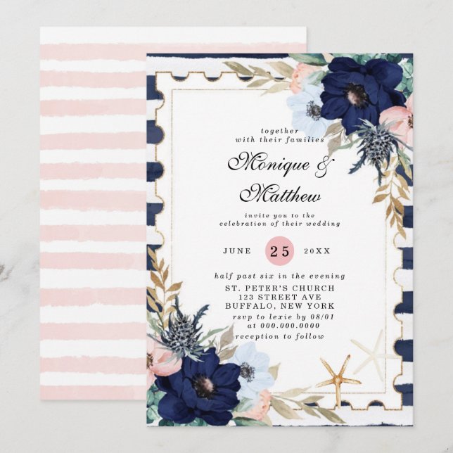 Marina Nautical Blooms Navy Blush Pink Wedding Inv Invitation (Front/Back)