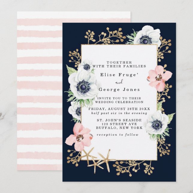 Marina Nautical Blooms Navy Blush Pink Wedding Invitation (Front/Back)