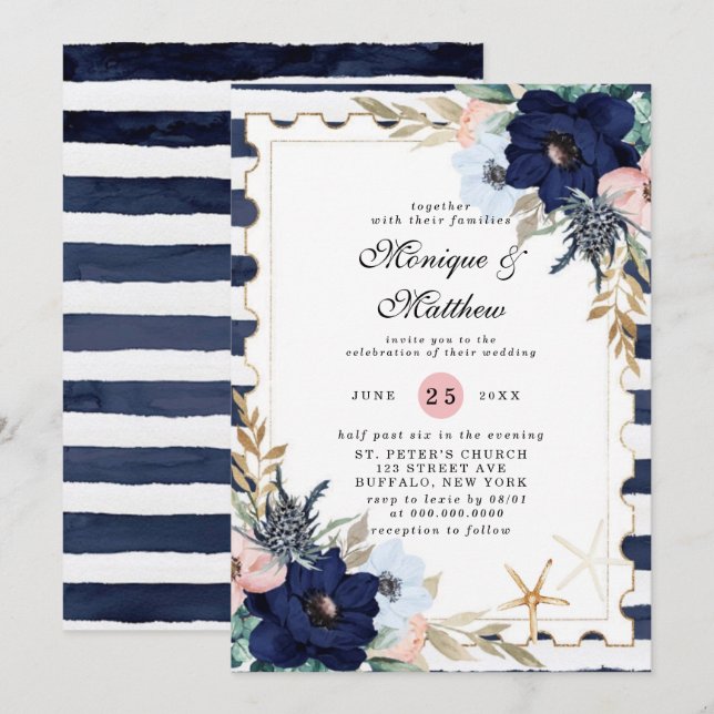 Marina Nautical Blooms Navy Blush Pink Wedding Invitation (Front/Back)