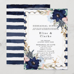 Marina Nautical Blooms Navy Blush Rehearsal Dinner Invitation