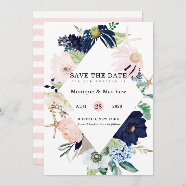 Marina Nautical Blooms Navy Blush Save The Date In Invitation (Front/Back)