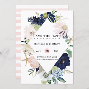 Marina Nautical Blooms Navy Blush Save The Date In Invitation