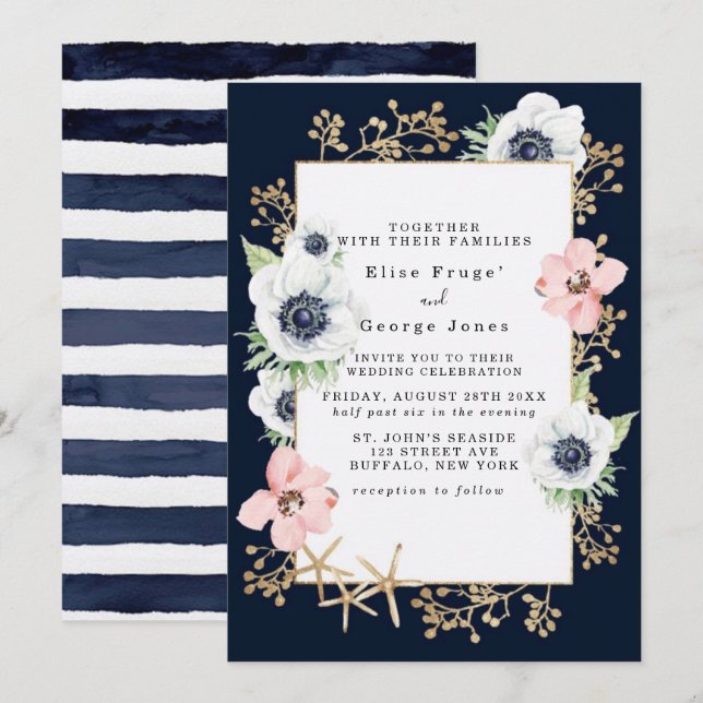 Marina Nautical Blooms Navy Blush Wedding Invitation (Front/Back)