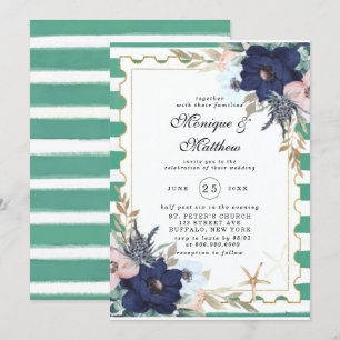 Marina Nautical Blooms Navy Pink Green Wedding Invitation