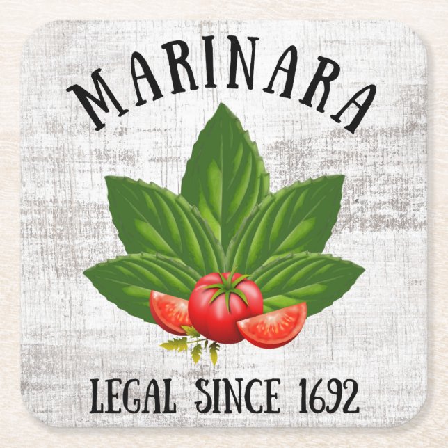 Marinara Legal Since 1692 Basil Leaves Tomatoes Square Paper Coaster (Front)