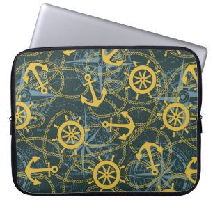 Marine anchor ship rudder and rope with wind rose  laptop sleeve