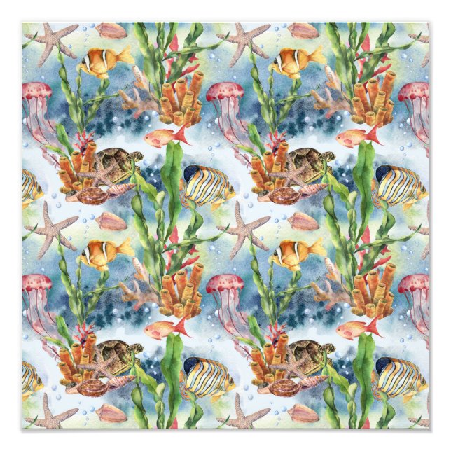 Marine Animals Coral Reef Fish Jellyfish Seaweed   Photo Print (Front)