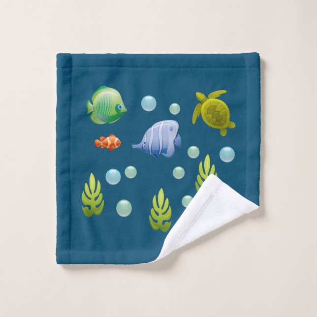 Marine Animals Fish Turtle Ocean Blue Background Wash Cloth (Wash Cloth)