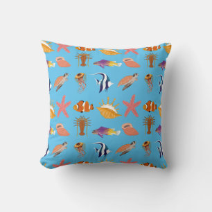 Marine animals: fish, turtle, seashell, jellyfish, cushion