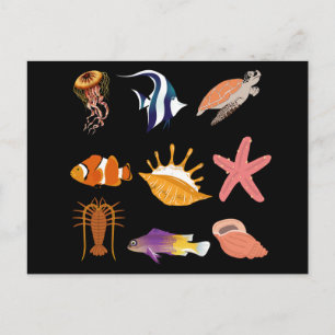 Marine animals: fish, turtle, seashell, jellyfish, postcard