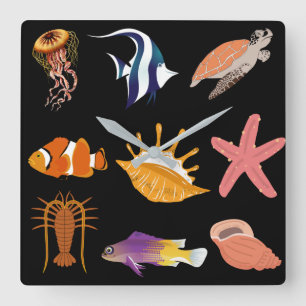 Marine animals: fish, turtle, seashell, jellyfish, square wall clock