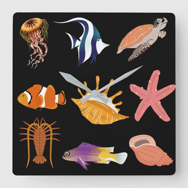 Marine animals: fish, turtle, seashell, jellyfish, square wall clock (Front)