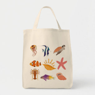 Marine animals: fish, turtle, seashell, jellyfish, tote bag