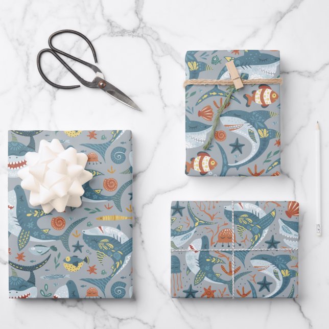 Marine Baby Boy Shark Kids Birthday Wrapping Paper Sheet (Front)