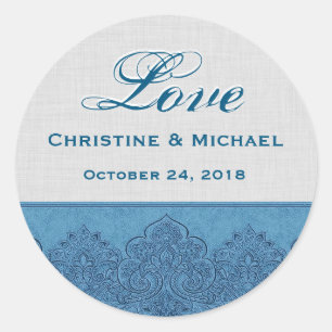 Marine Blue and Silver Wedding Damask V43 Classic Round Sticker