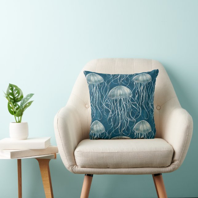 Marine Blue and White Jelly Fish Pattern Cushion (Chair)