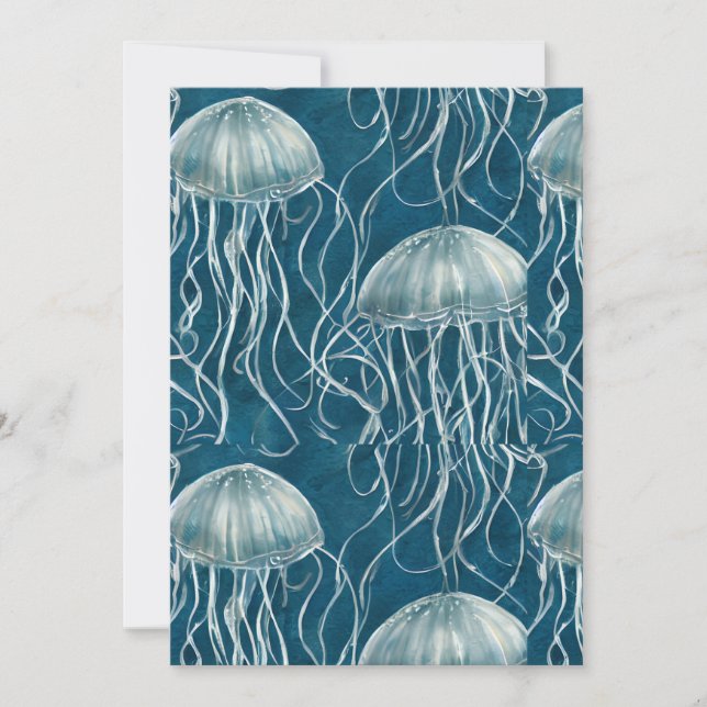 Marine Blue and White Jelly Fish Pattern Holiday Card (Front)