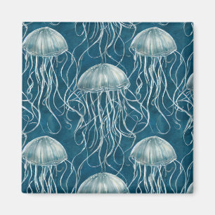 Marine Blue and White Jelly Fish Pattern Magnet