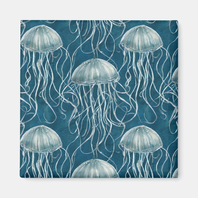 Marine Blue and White Jelly Fish Pattern Magnet (Front)