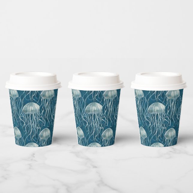 Marine Blue and White Jelly Fish Pattern Paper Cups (Multi)